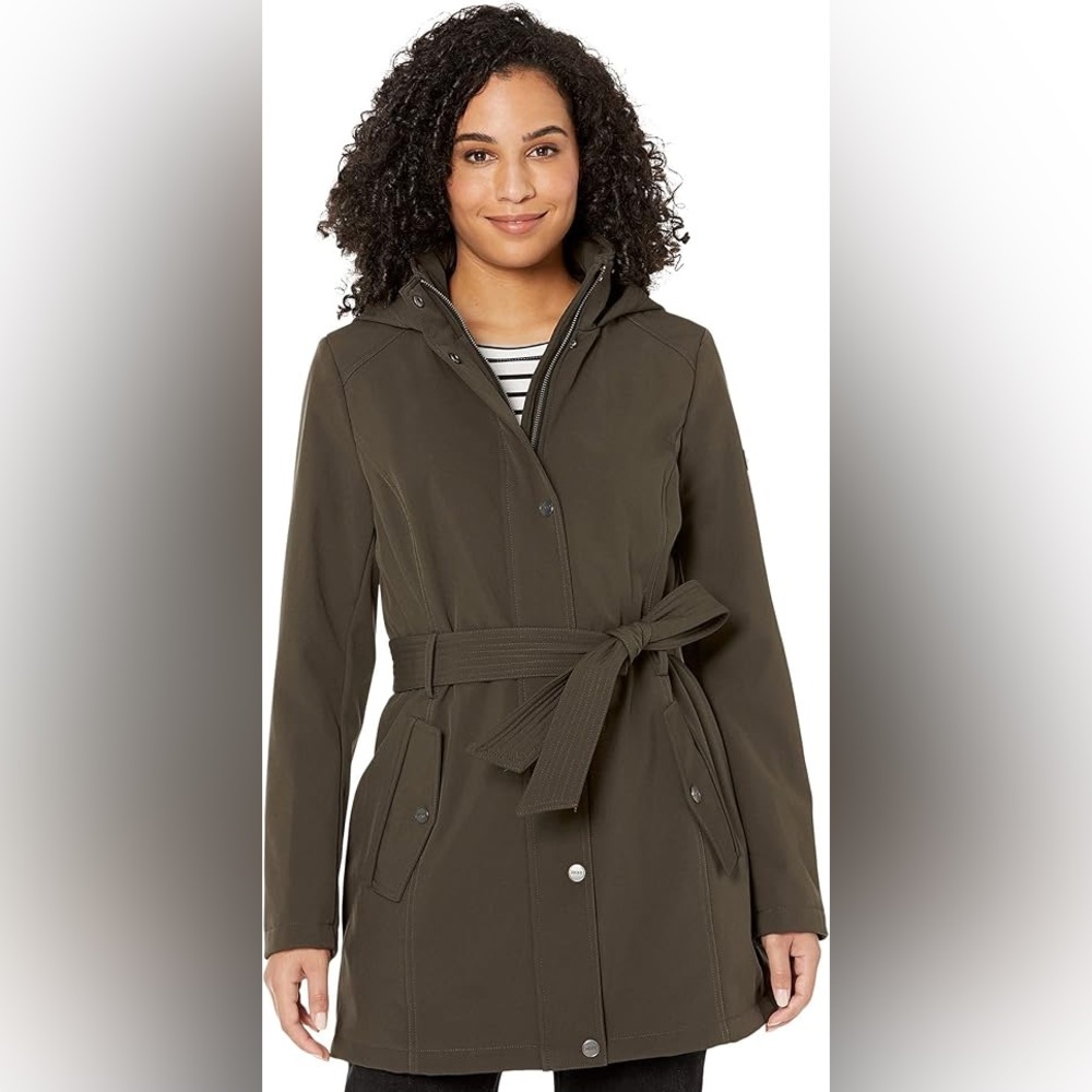 DKNY Black Belted shell hooded heavy lined waterproof raincoat pockets size XL
